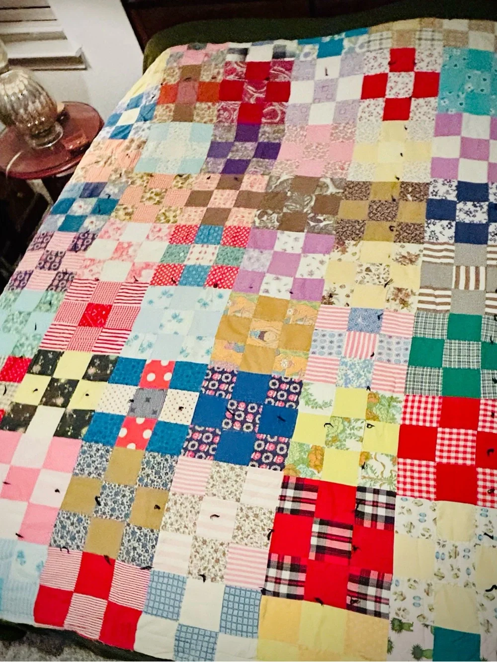 Whimsical Antique handmade cotton patchwork quilt rustic country folk art